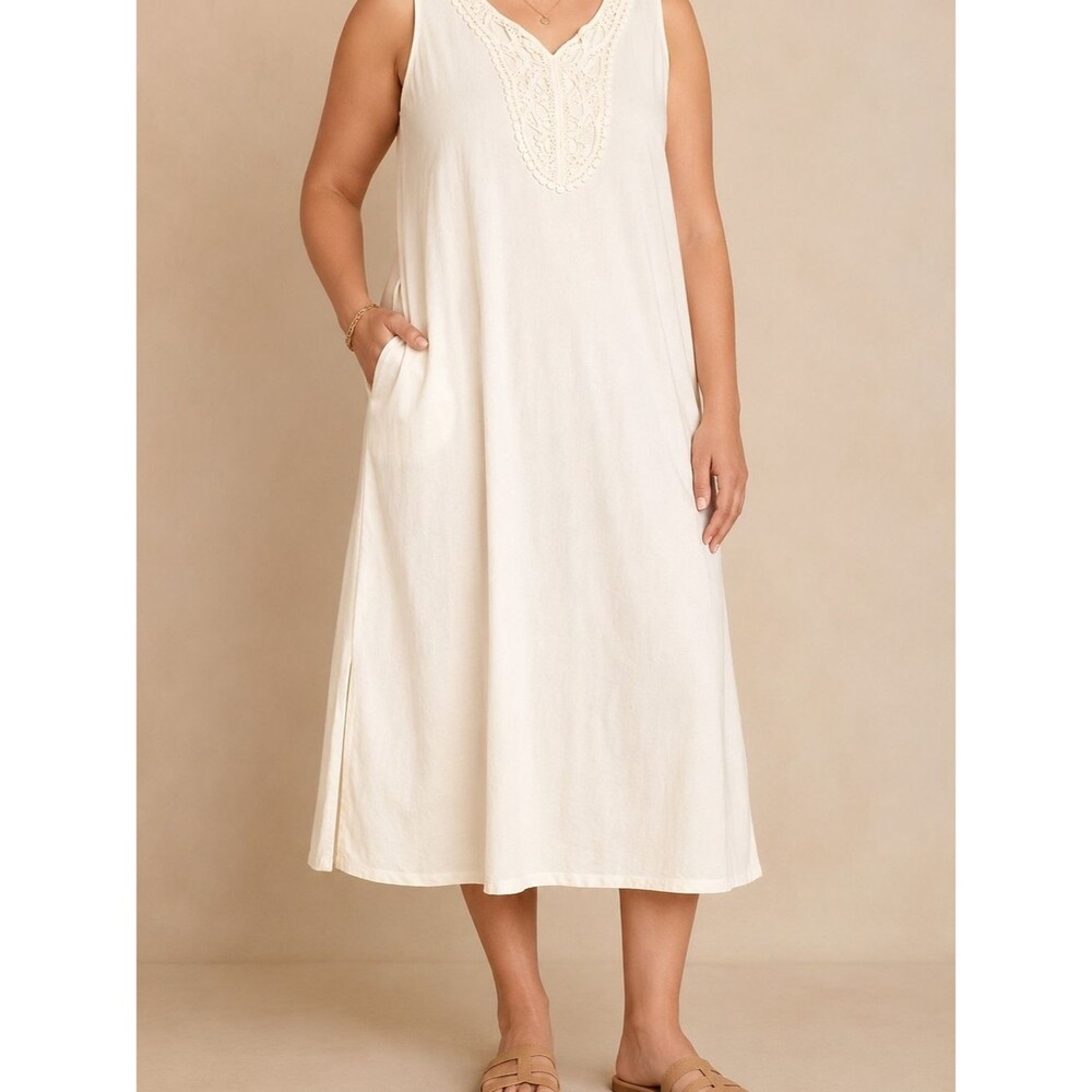 D&Co 1X Ivory Sleeveless Midi Dress Crochet Lace Neck Cotton Blend Summer Comfor